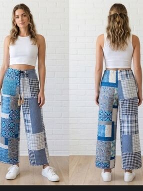 Upcycled Quilted Barrel Pants S-M Blue Plaid/floral Dont Throw It Out